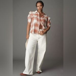 NWT Anthropologie The Ozzi Plaid Ruffle-Sleeve Buttondown Shirt, Size XL